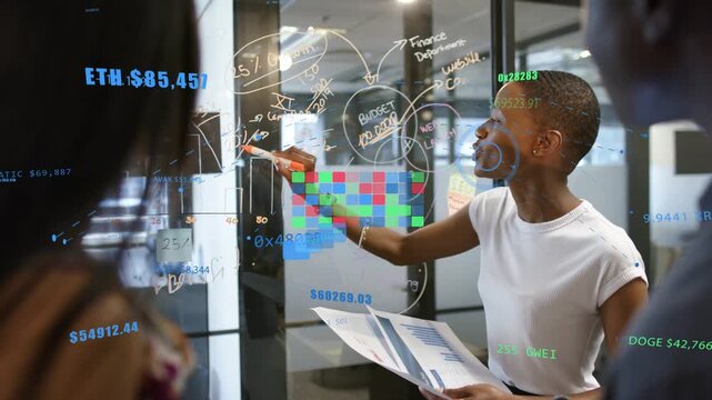 Female presenter referencing charts, writing on glass board, highlighting budget with crypto HUD