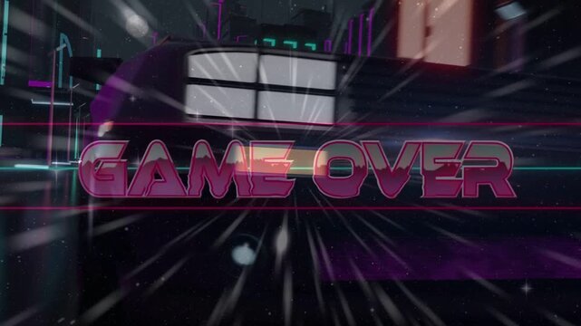 GAME OVER title holding while camera pushing neon streaks speeding and car emerging for gaming