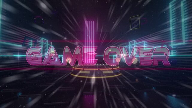 Radial streaks moving forward sparking 3D pink neon GAME OVER text, lighting platform for gaming