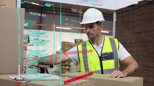 Warehouse packer glancing at holo data panel, sealing box with tape dispenser, updating inventory