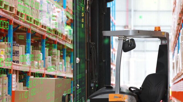 Reach truck entering depot aisle as camera panning, green digital overlay updating stock on racks