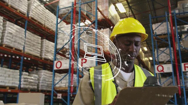 Worker checking clipboard in warehouse, scanning racks and logging stock, HUD laptop icon over him