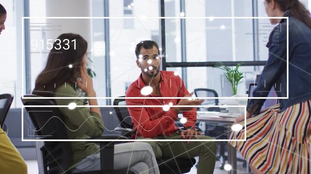 Man in red shirt pointing and explaining business data to clarify project, HUD overlaying charts