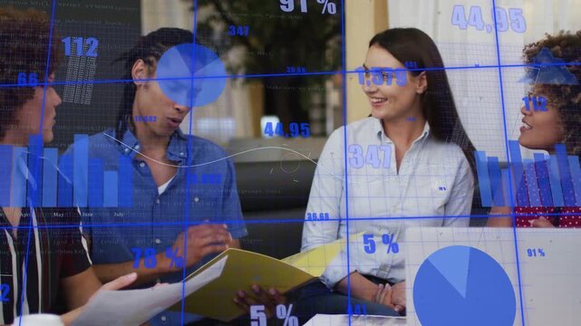 Person in blue using folder, work team reviewing laptop as blue overlay shifting over faces, charts