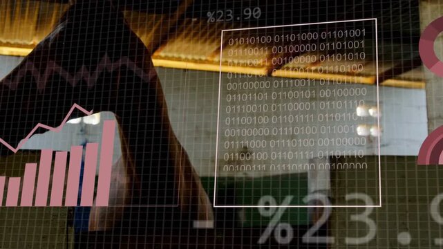 Reflected person holding device activating agritech AR as horse moving in barn, tracking vitals