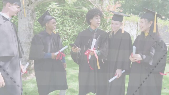 Phone-holder extending smartphone, seven grads clustering for selfie capturing graduation diplomas