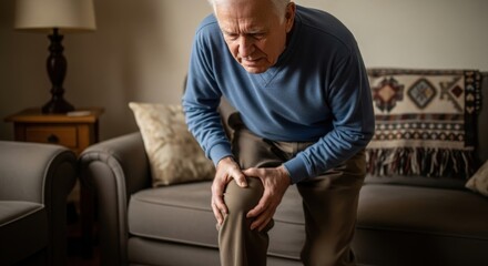 Fototapeta premium Elderly man with blue sweater experiencing knee pain while standing near a couch in a living room.