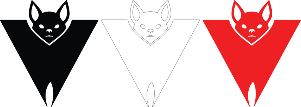 Set of Three Fierce Bat Geometric Logos in Triangular V Shape Black White Red