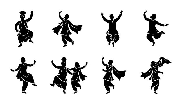 Bhangra dance silhouettes set, traditional Punjabi folk dancers in ethnic costumes, Indian cultural celebration vector icons, 8 black figures