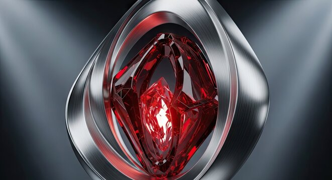 Abstract red gemstone encased in metallic silver sculpture against a dark background