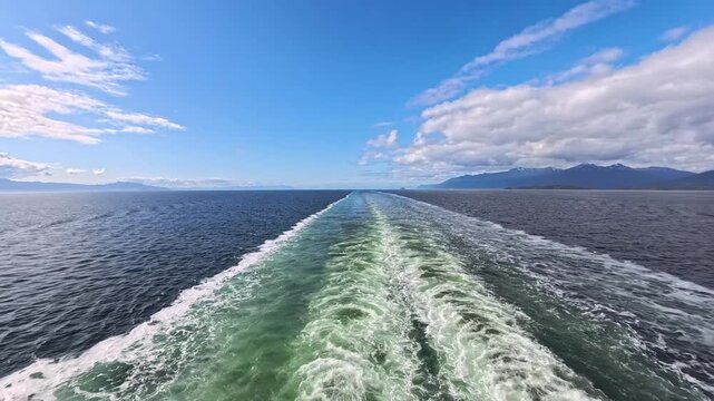 August 13, 2024 - Tracy Arm, USA - Cruise Ship wake in the Tracy Arm fjord, Alaska, leaving a frothy trail behind along pristine waters with mountains in the distance.