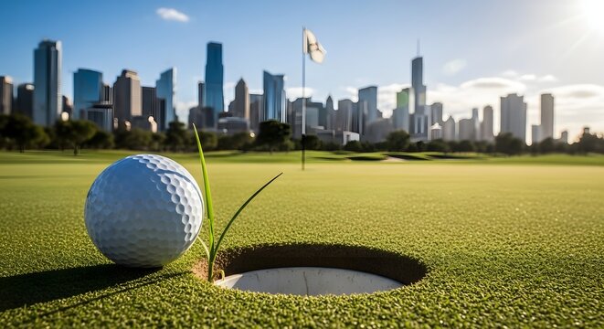 Golf ball resting near hole on lush green course with city skyline background