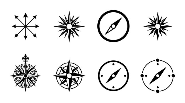 Nautical compass rose icons set, vintage wind rose and navigation symbols, 8 black vector map orientation elements for travel and adventure design