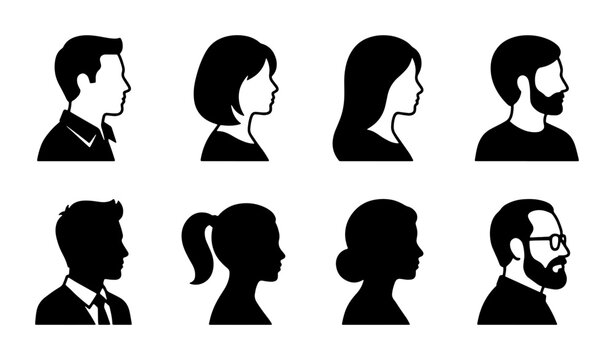 Minimalist profile silhouette icons, set of 8 diverse people head avatars, black vector side view portraits for user interface and web design