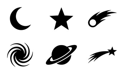 Minimalist space icons set, black celestial silhouettes of moon and stars, 6 vector astronomy elements including planet and comet for logo design © Jahid