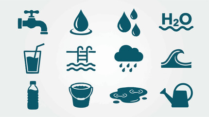 Water Icons Collection: Faucet, Drops, Rain, Pool, Bottle, H2O Symbols © Texturify