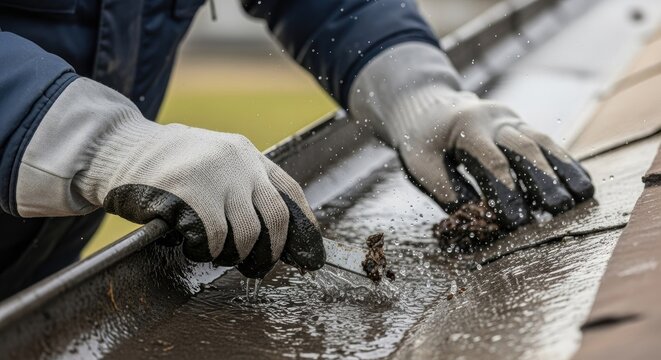 Person cleaning gutter removing debris repair and maintenance work concept