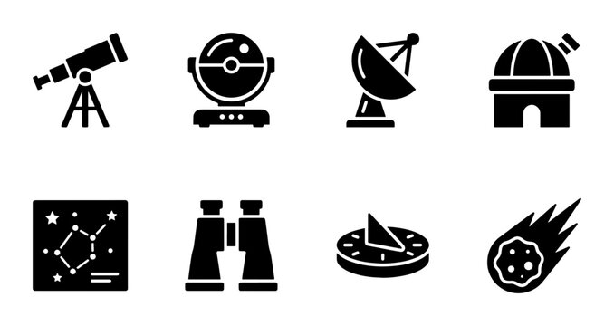 Astronomy and space exploration icons set, 8 black solid vector symbols, telescope and observatory equipment, celestial observation tools for science education