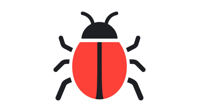Stylized red and black bug insect vector icon illustration on a white background, representing a software glitch, computer error, virus, or malware. Clean, minimalist, and scalable design.