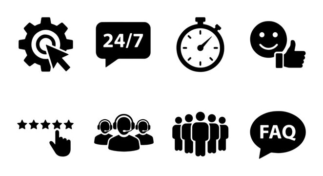 Customer service icon set with 8 black vector elements, technical support and 24/7 assistance symbols, business help desk and faq icons for web design