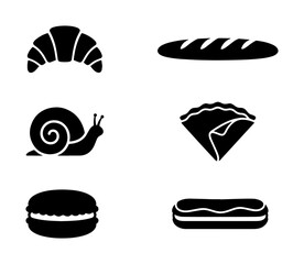 French bakery food icons set, black silhouette croissant and baguette vector, macaron and crepe symbols, 6 gourmet pastry and snail elements © Farhanaz