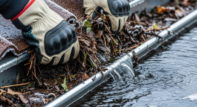 Person cleaning gutter with gloves ensuring proper drainage close up view