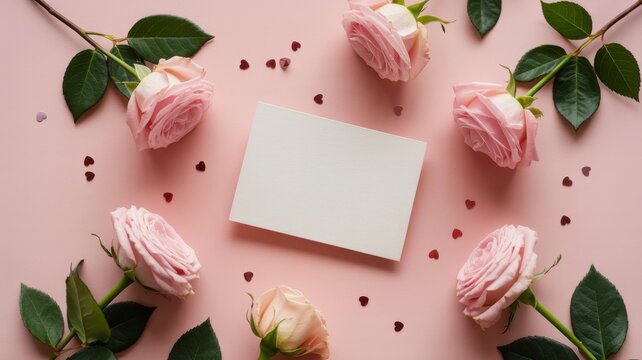 Romantic roses with blank card soft pink floral greeting background design