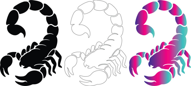 Scorpion Silhouette Set Outline And Vibrant Colorful Gradient Desert Insect Vector Graphics