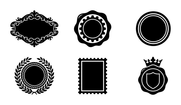 Vintage heraldic frames and black seal silhouettes, set of 6 vector labels, ornate decorative borders with laurel wreath and crown elements