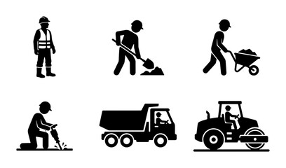 Construction worker silhouette icons, road work and building site labor set, industrial machinery and builder pictograms, 6 vector elements © Jahid