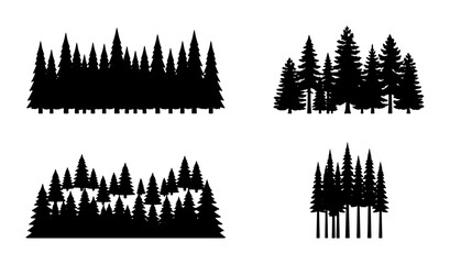 Pine tree forest silhouettes, black evergreen timberland vector set, coniferous woodland landscape elements for outdoor adventure branding © Jahid