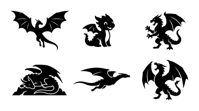 Mythical dragon silhouette collection, set of 6 fantasy creature icons, black flying dragon vector graphics, medieval beast mascot symbols