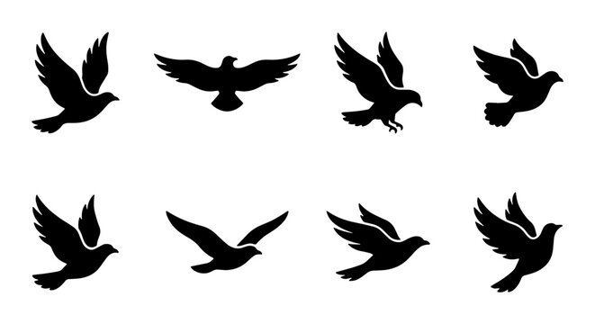 Flying bird silhouettes set, black pigeon and dove icons in flight, 8 vector bird elements for logo design and nature branding