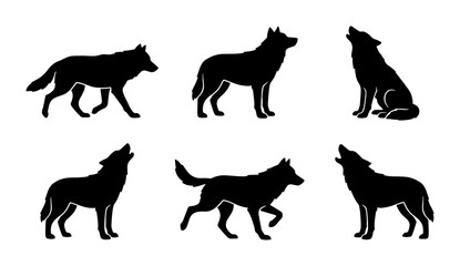Black wolf silhouette set with 6 vector elements, howling wild wolf icons in various poses, predatory animal silhouettes for logos and nature designs © Farhanaz