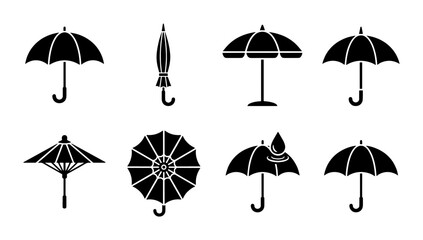 Black umbrella icon set with 8 vector elements, minimalist rain protection symbols, flat parasol and weather accessory silhouettes for web design © Ashraful