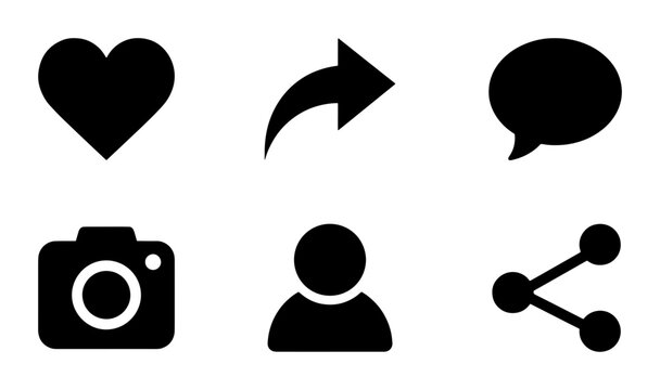 Minimalist social media icon set, black vector interface symbols including heart and camera, 6 digital communication elements for web design
