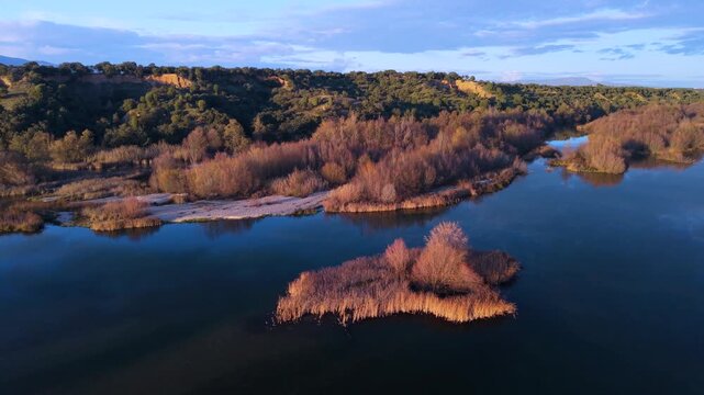 Aerial view from a drone of the Alberche River near the Cazalegas Reservoir, close to the town of Cazalegas. Province of Toledo. Castile-La Mancha. Spain. Europe