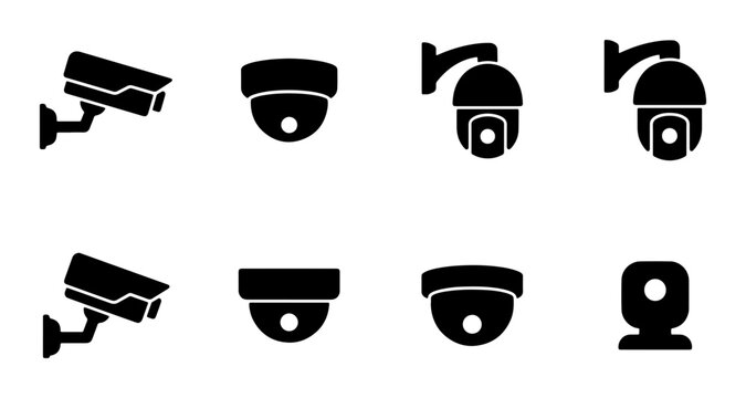 Security camera icon set, black surveillance camera silhouettes, 8 cctv vector elements for monitoring and safety systems, digital protection symbols