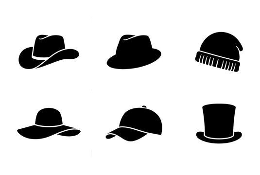 Minimalist hat silhouette set with 6 vector icons, black headwear collection including cowboy hat, fedora, beanie, sun hat, baseball cap and top hat