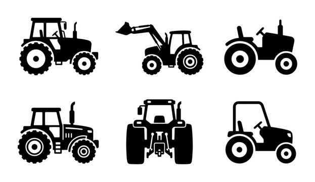 Agricultural tractor silhouette icons, set of 6 farming vehicle vectors, heavy machinery for agriculture and construction, black farm equipment symbols
