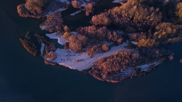 Aerial view from a drone of the Alberche River near the Cazalegas Reservoir, close to the town of Cazalegas. Province of Toledo. Castile-La Mancha. Spain. Europe