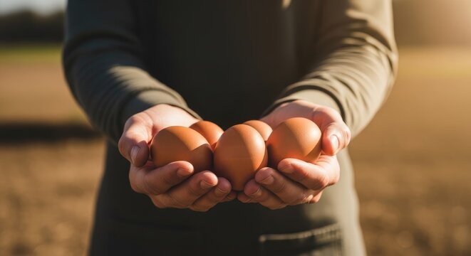 Person holding fresh brown eggs in hands against a blurred background