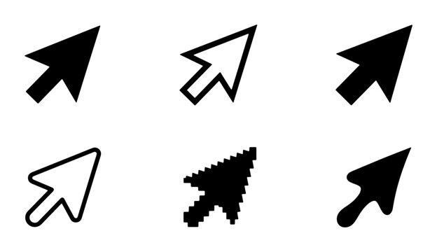 Minimalist mouse cursor icon set, black and white computer pointer vector collection, 6 digital arrow symbols for web interface design