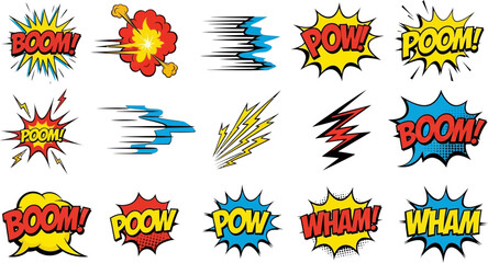 collection of colorful comic book explosion and action effect speech bubbles and sound effects on white background © Badhon