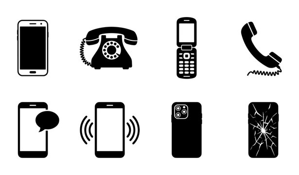 Vintage and modern telephone icons set, black mobile phone silhouettes, 8 communication vector elements including rotary phone and broken screen