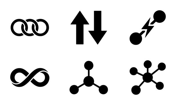 Minimalist black connection icons set, abstract network and link symbols, infinity and molecule vector elements for technology and science UI