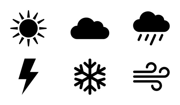 Minimalist weather icon set with 6 black vector symbols, meteorology forecast elements including sun and cloud, rain and snow snowflake graphics