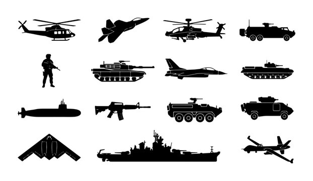 Military vehicle silhouettes set, 16 army icons including tanks, fighter jets, and warships. Black war equipment vector collection for tactical design.