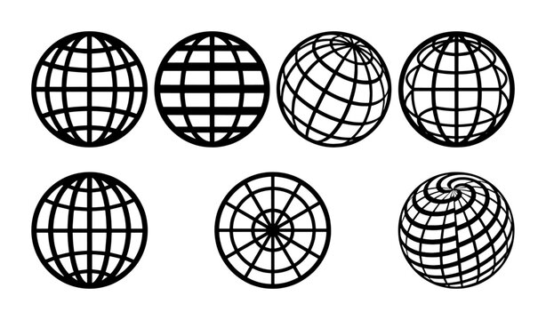 Minimalist globe grid icons set, black wireframe earth sphere vector collection, 7 geometric planet world symbols for global business and technology