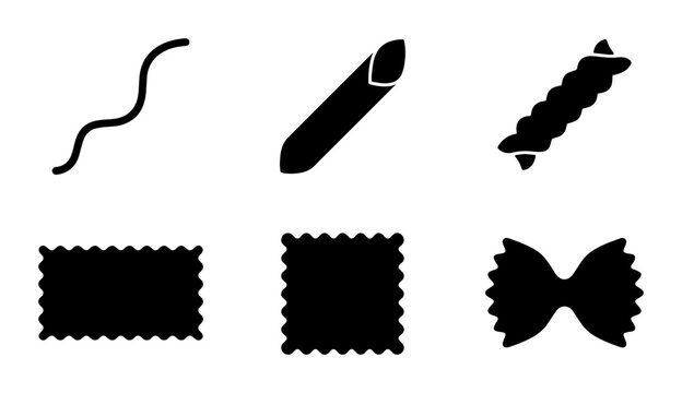 Italian pasta shapes silhouette icon set, black vector food elements including penne and farfalle, traditional dry noodle varieties for menu design